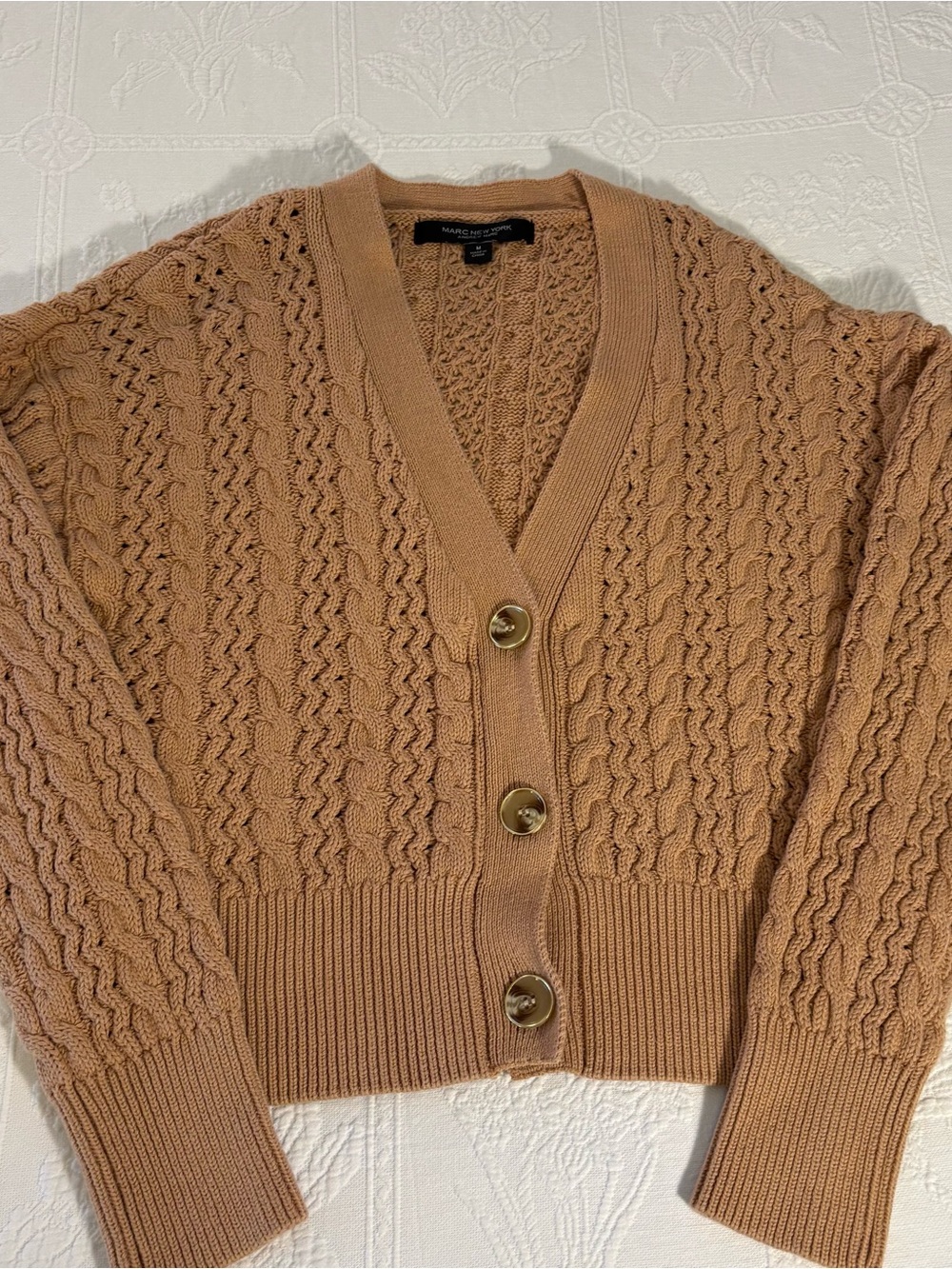 Marc NewYork Andrew Marc Tan Cropped Cable Knit V-Neck Button Cardigan Size M